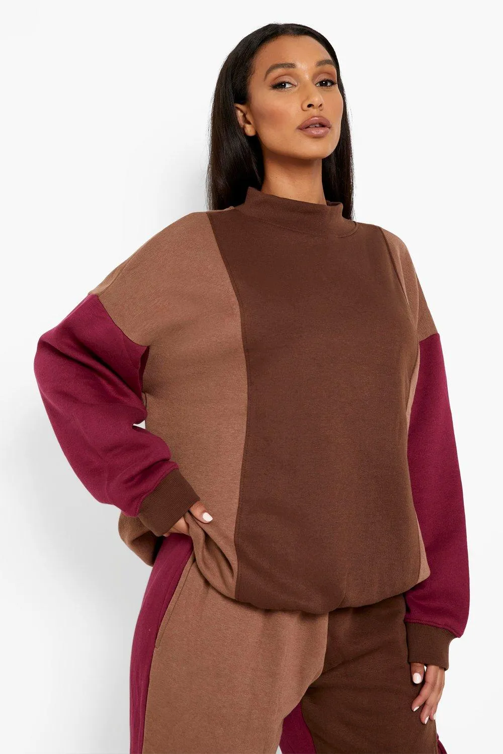 Chocolate Color Block Funnel Neck Sweater
